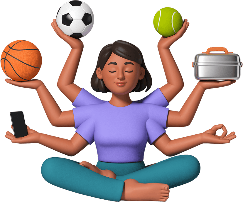 A calm parent surrounded by school and sports essentials